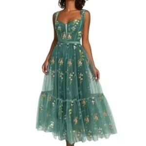 Corset Floral Embroidered Green Ruched Layered Tulle Flower  Midi Prom Dress